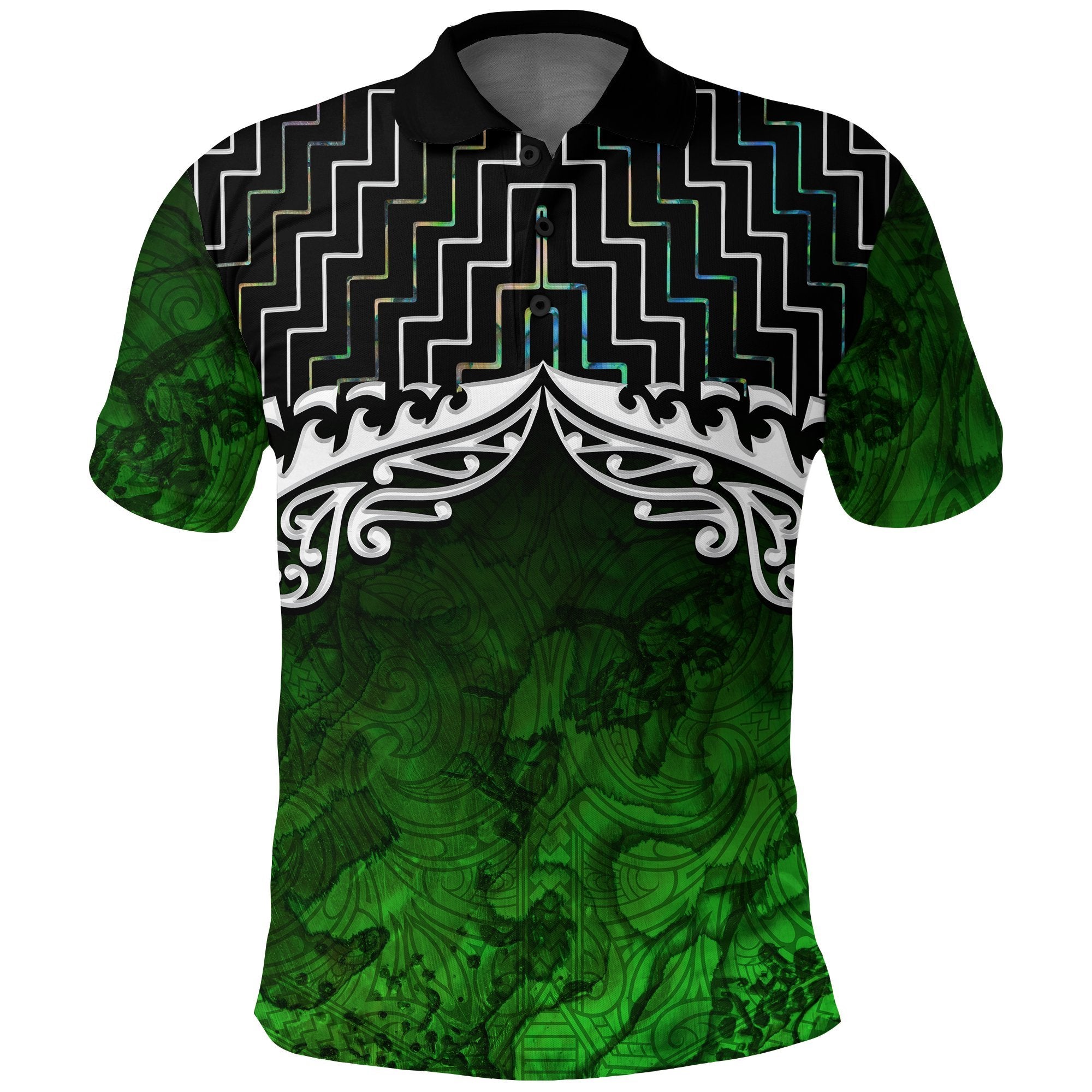 New Zealand Maori Polo Shirt, Poutama Silver Fern Golf Shirt Unisex Black - Polynesian Pride