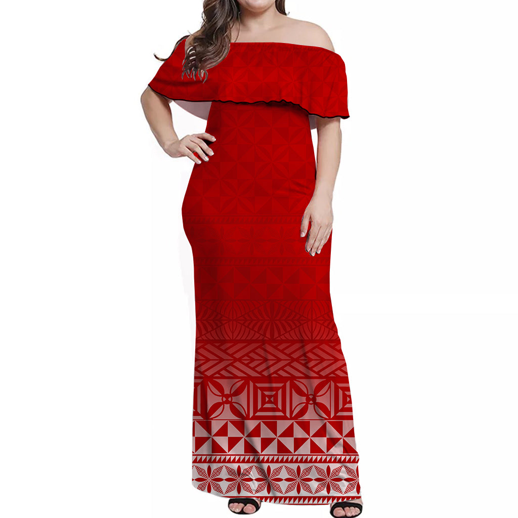 Tonga Off Shoulder Long Dress - Tongan Pattern Red - LT12 Long Dress Red - Polynesian Pride
