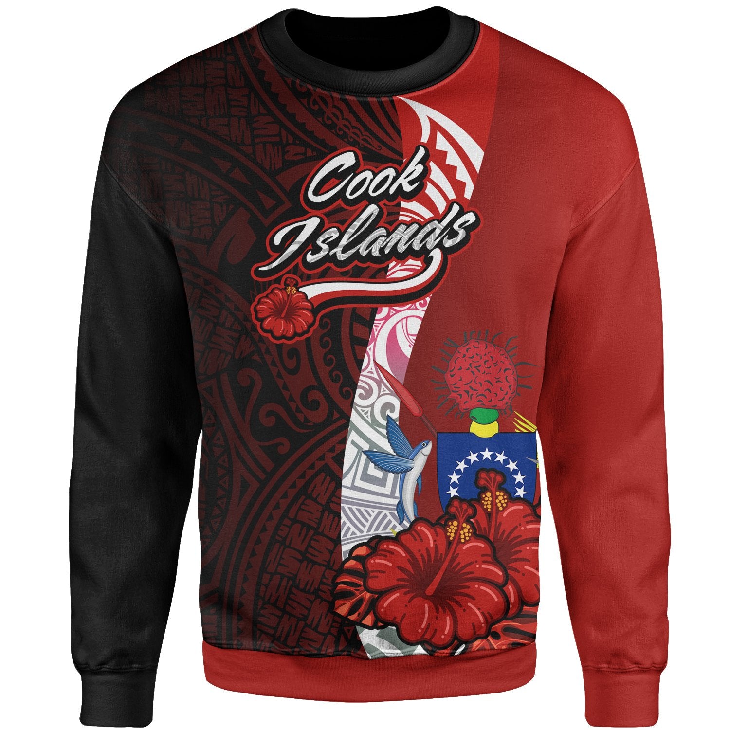 Cook Islands Polynesian Sweater - Coat Of Arm With Hibiscus Unisex Red - Polynesian Pride