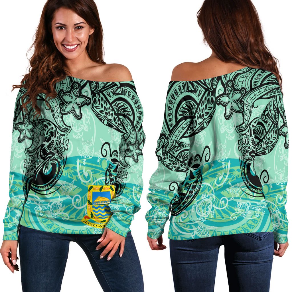 Tuvalu Women's Off Shoulder Sweaters - Vintage Floral Pattern Green Color Green - Polynesian Pride