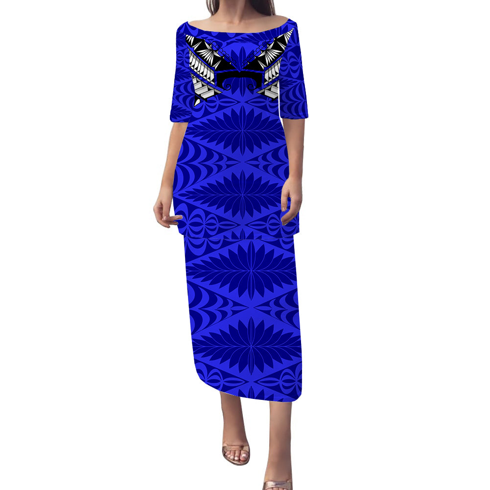 Tonga Tribal Art Puletasi Dress - LT12 Long Dress Blue - Polynesian Pride