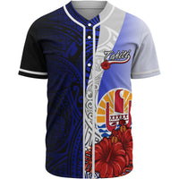 Tahiti Polynesian Baseball Shirt - Coat Of Arm With Hibiscus Blue Unisex Blue - Polynesian Pride