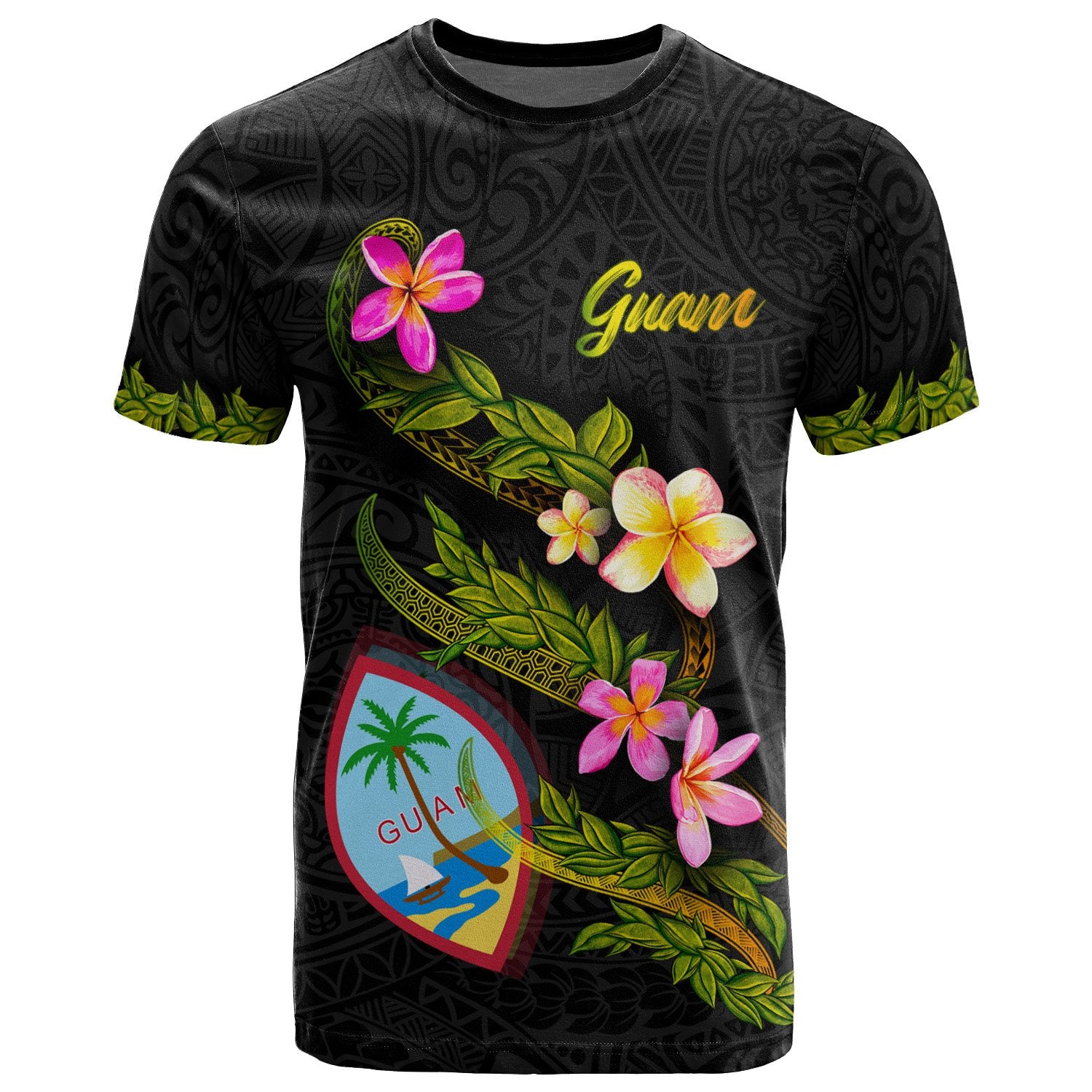 Guam Polynesian T Shirt Plumeria Tribal Unisex Black - Polynesian Pride
