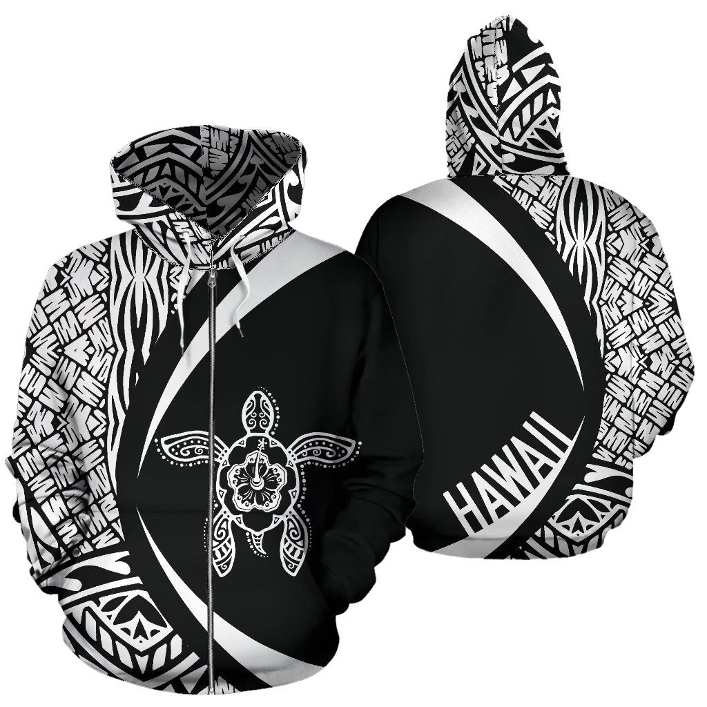 Hawaii Turtle Polynesian Zip up Hoodie Circle Style White Color Unisex White - Polynesian Pride