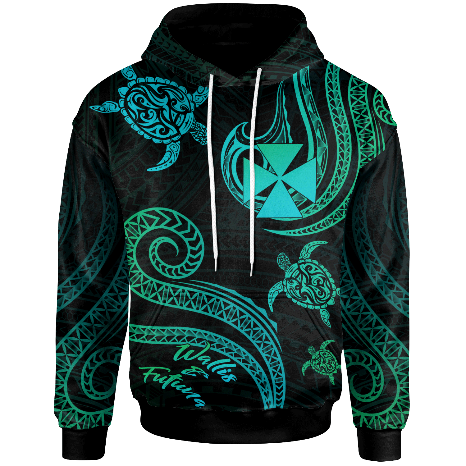 Wallis and Futuna Hoodie Polynesian Turtle With Pattern Unisex Blue Green - Polynesian Pride