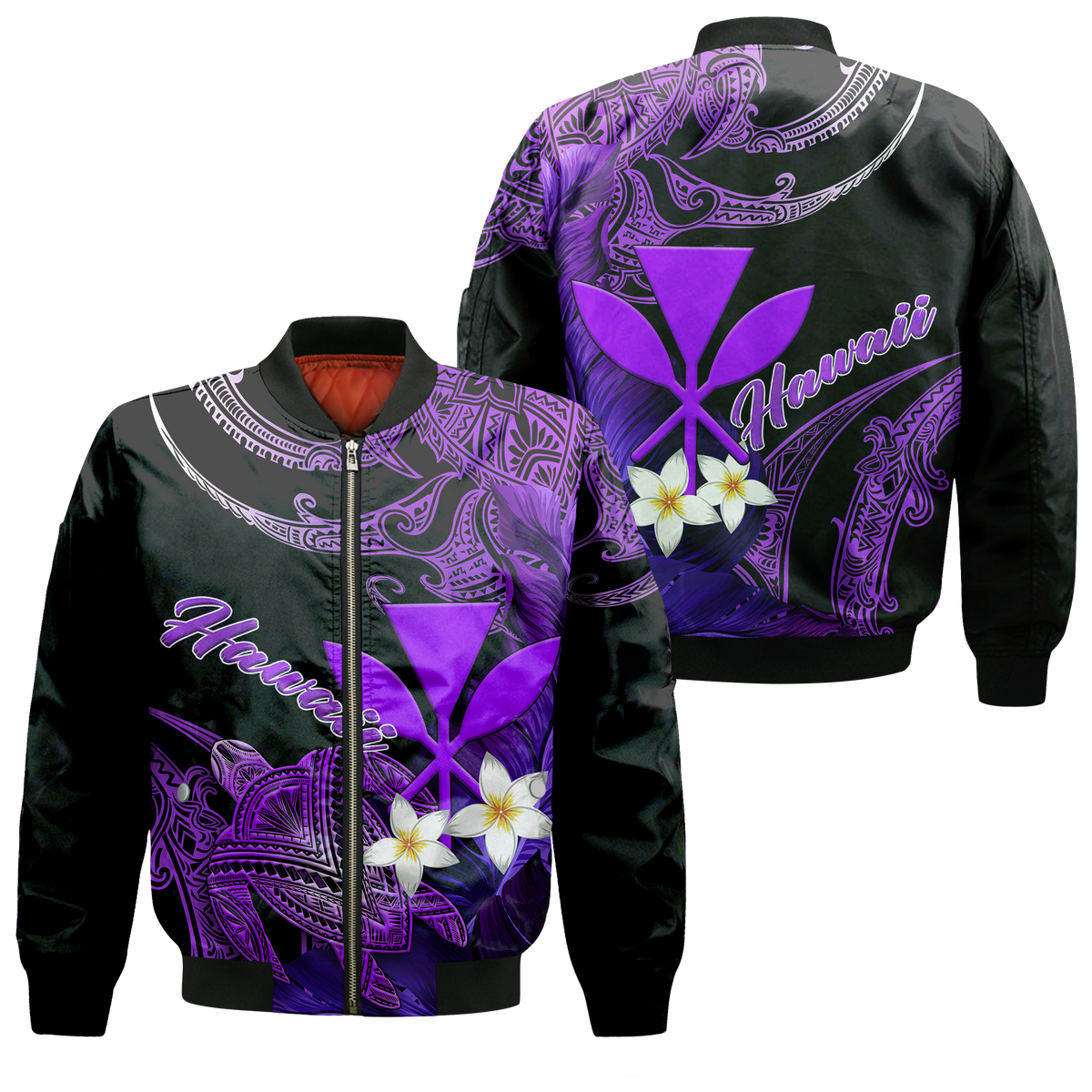 Hawaii Turtle With Plumeria Leaf Purple Bomber Jacket - LT12 Bomber Jacket Black - Polynesian Pride