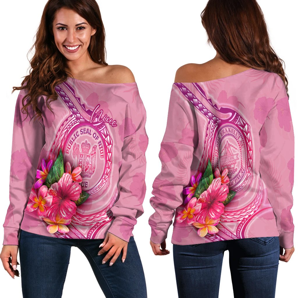 Niue Polynesian Women's Off Shoulder Sweater - Floral With Seal Pink Pink - Polynesian Pride