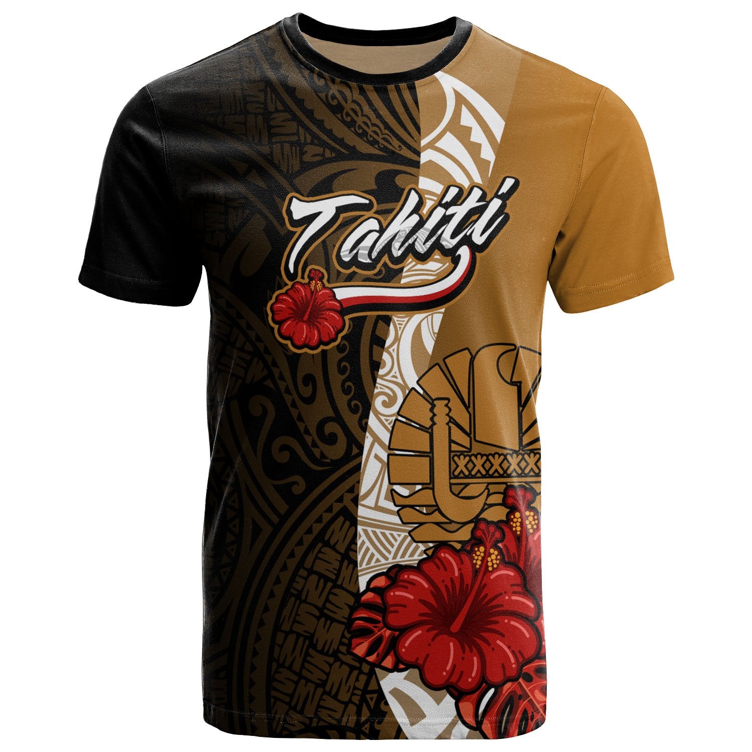 Tahiti Polynesian T Shirt Coat of Arms With Hibiscus Gold Unisex Art - Polynesian Pride