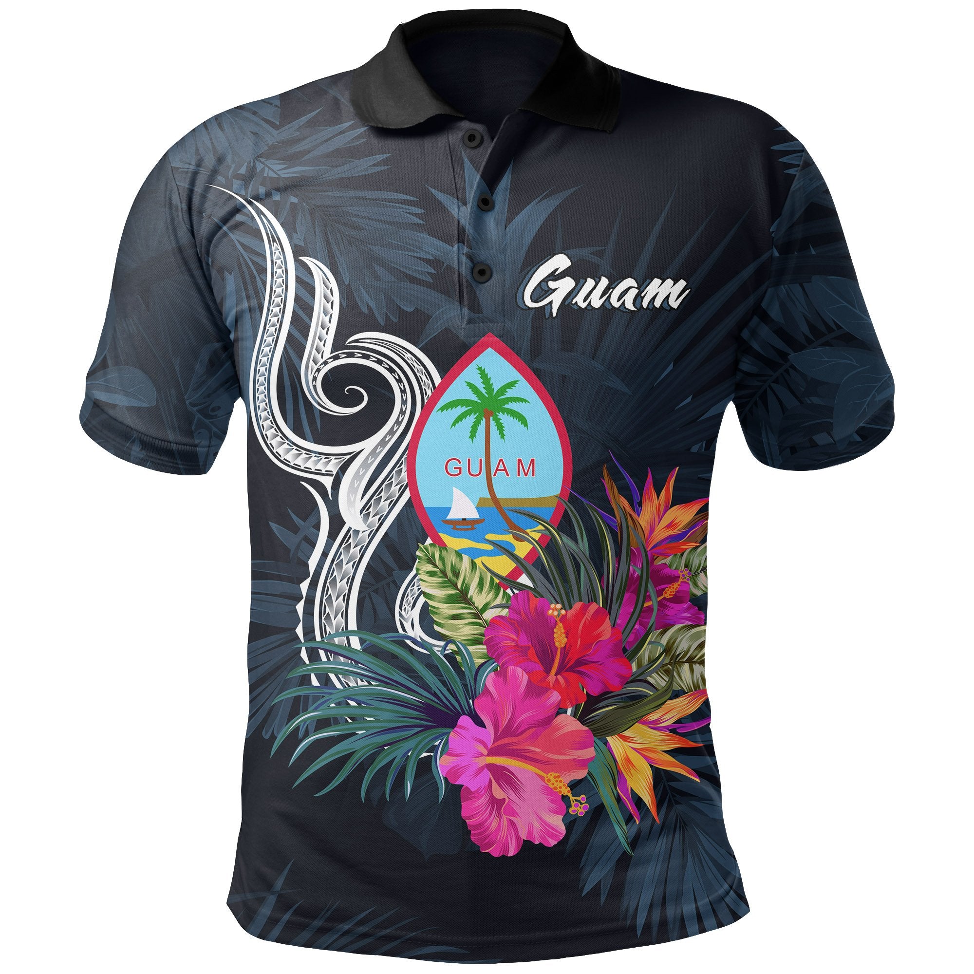 Guam Polynesian Polo Shirt Tropical Flower Unisex Blue - Polynesian Pride