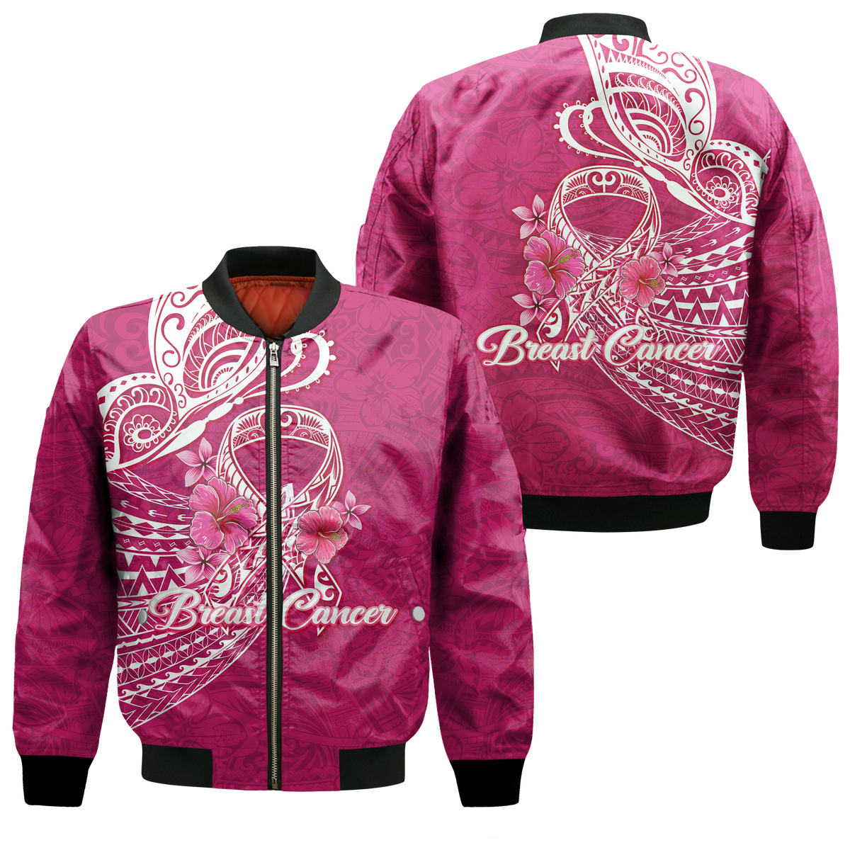 Breast Cancer Pink Ribbon Butterfly Polynesian Pink Version Bomber Jacket - LT12 Bomber Jacket Pink - Polynesian Pride