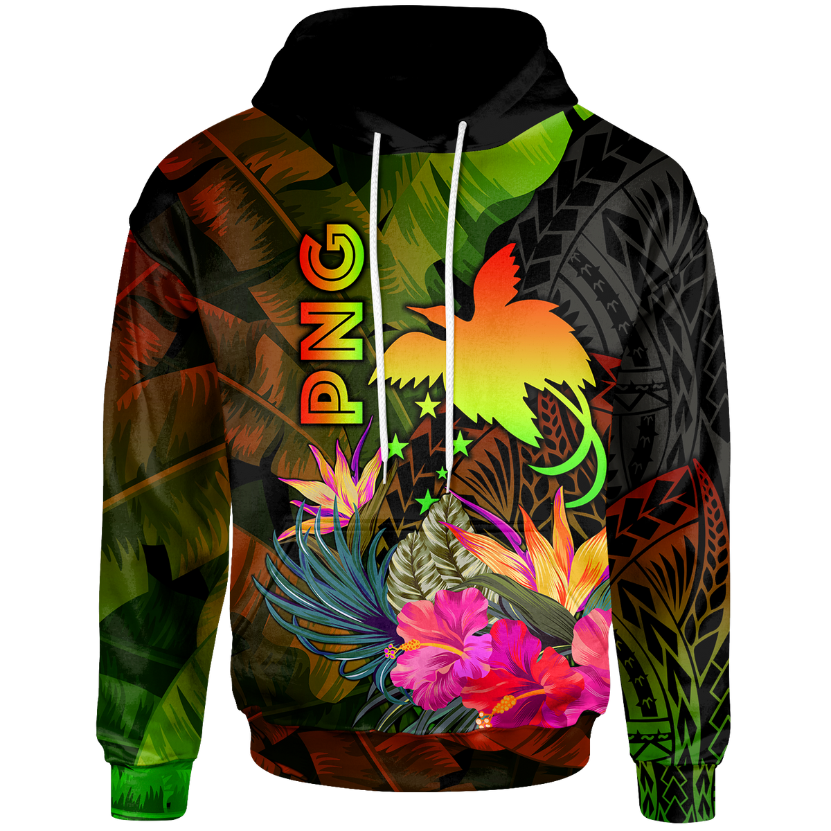Papua New Guinea Polynesian Hoodie Hibiscus and Banana Leaves Unisex Reggae - Polynesian Pride