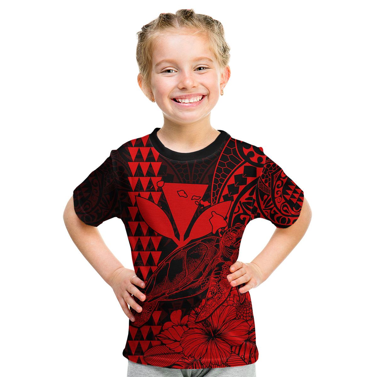 (Custom Personalised) Kakau Polynesian Tribal Hawaiian Turtle with Kanaka Maoli Red Kid T Shirt LT9 Youth XL Size14 - Polynesian Pride