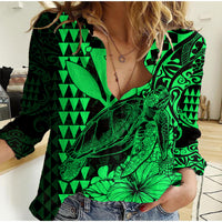 (Custom Personalised) Kakau Polynesian Tribal Hawaiian Turtle with Kanaka Maoli Green Women Casual Shirt LT9 Female Green - Polynesian Pride