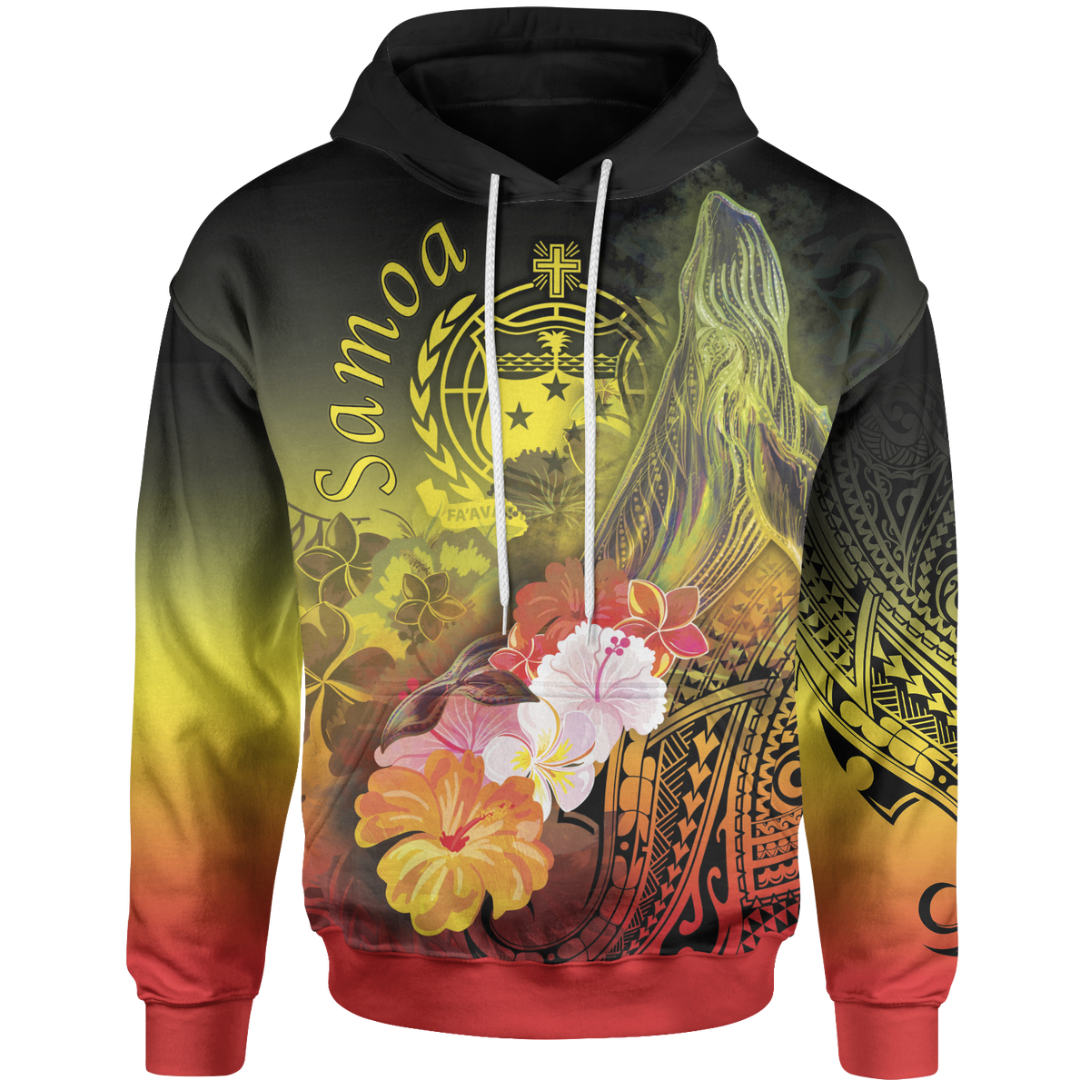 Samoa Hoodie Humpback Whale with Tropical Flowers (Yellow) Unisex Yellow - Polynesian Pride