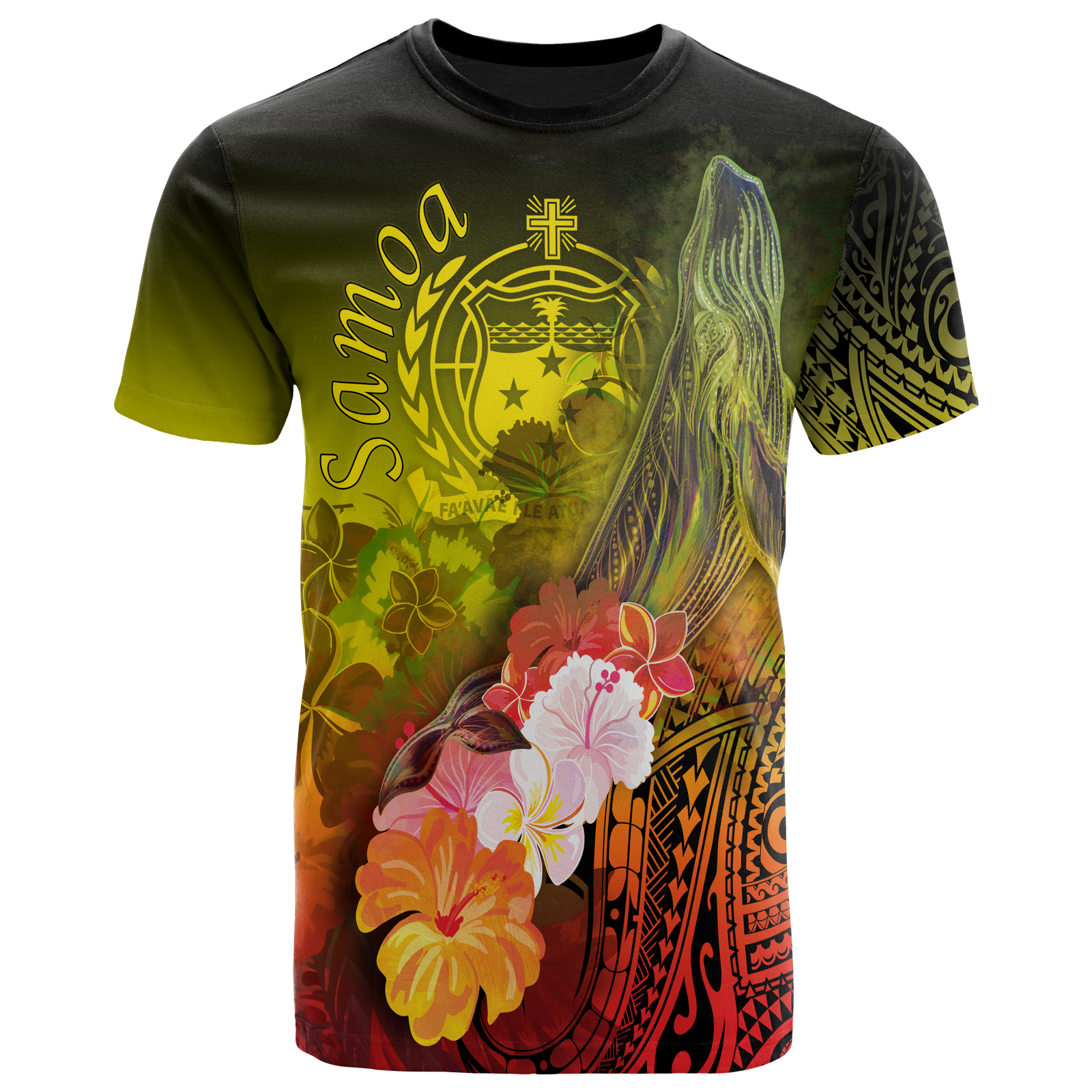 Samoa T Shirt Humpback Whale with Tropical Flowers (Yellow) Unisex Yellow - Polynesian Pride