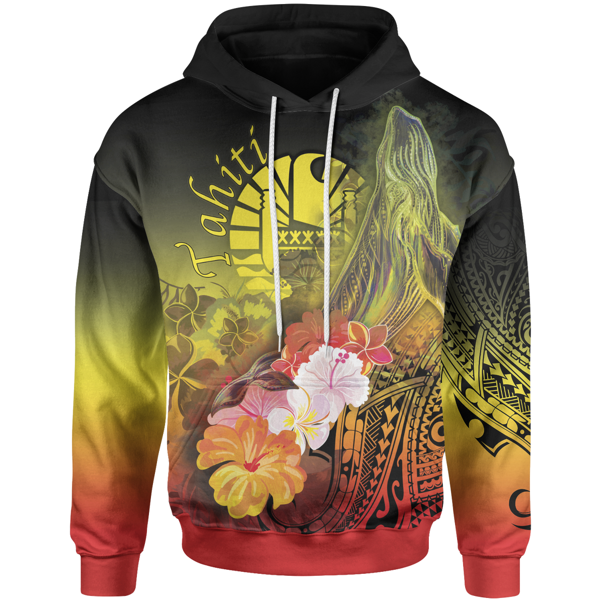 Tahiti Hoodie Humpback Whale with Tropical Flowers (Yellow) Unisex Yellow - Polynesian Pride