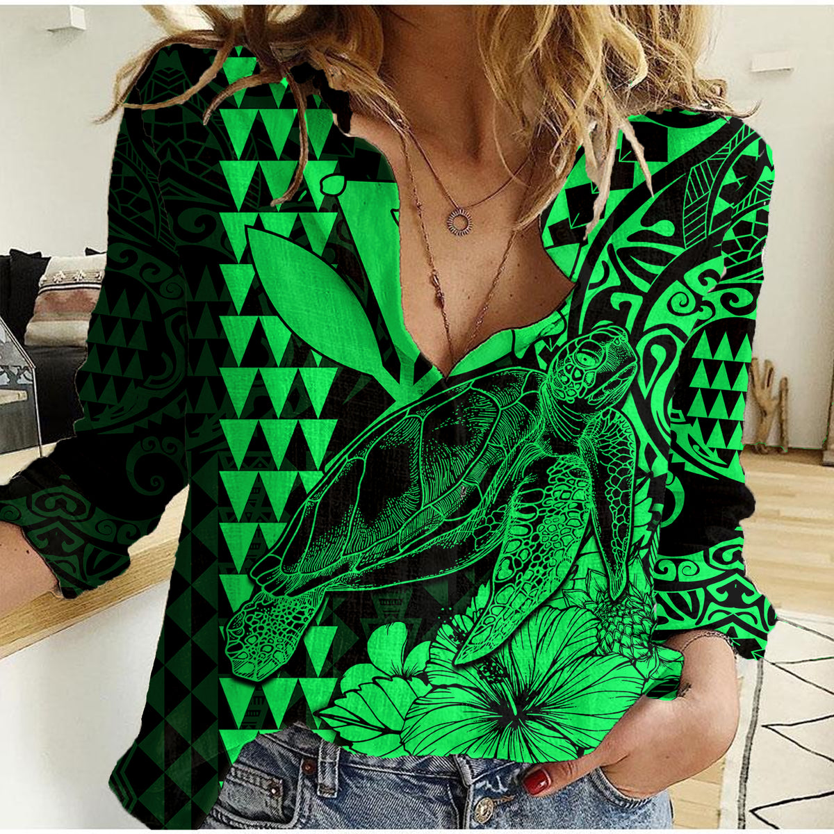 Kakau Polynesian Tribal Hawaiian Turtle with Kanaka Maoli Green Women Casual Shirt LT9 Female Green - Polynesian Pride