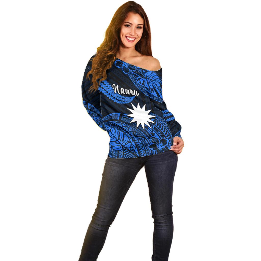 (Custom Personalised) Nauru Polynesian Hibiscus Naoero Blue Off Shoulder Sweater LT14 - Polynesian Pride