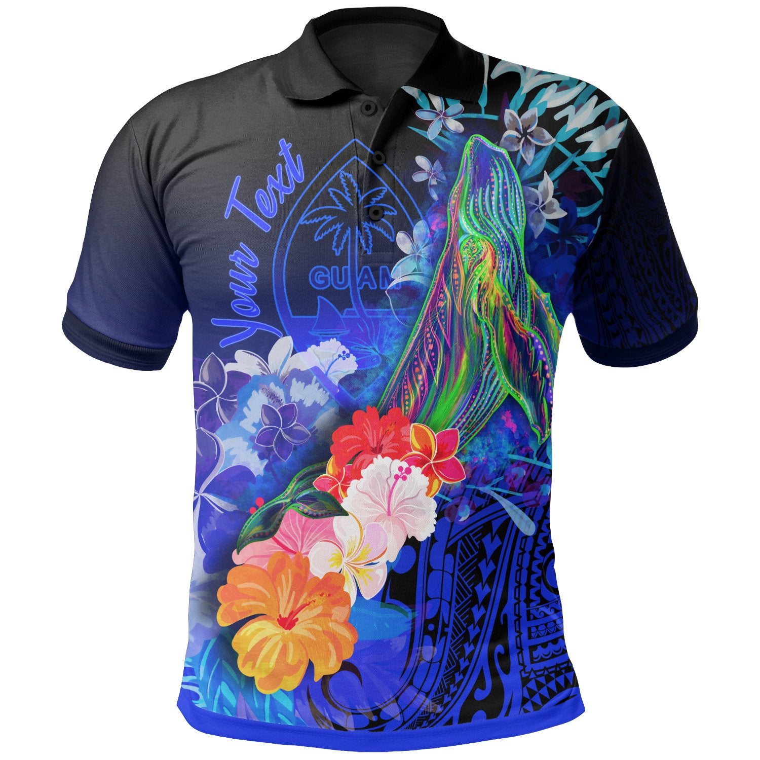Guam Custom Polo Shirt Humpback Whale with Tropical Flowers (Blue) Unisex Blue - Polynesian Pride