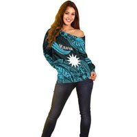 (Custom Personalised) Nauru Polynesian Hibiscus Naoero Turquoise Off Shoulder Sweater LT14 - Polynesian Pride