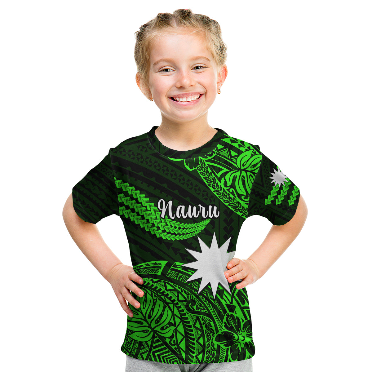(Custom Personalised) Nauru Polynesian Hibiscus Naoero Green Kid T Shirt LT14 Youth XL Size14 - Polynesian Pride