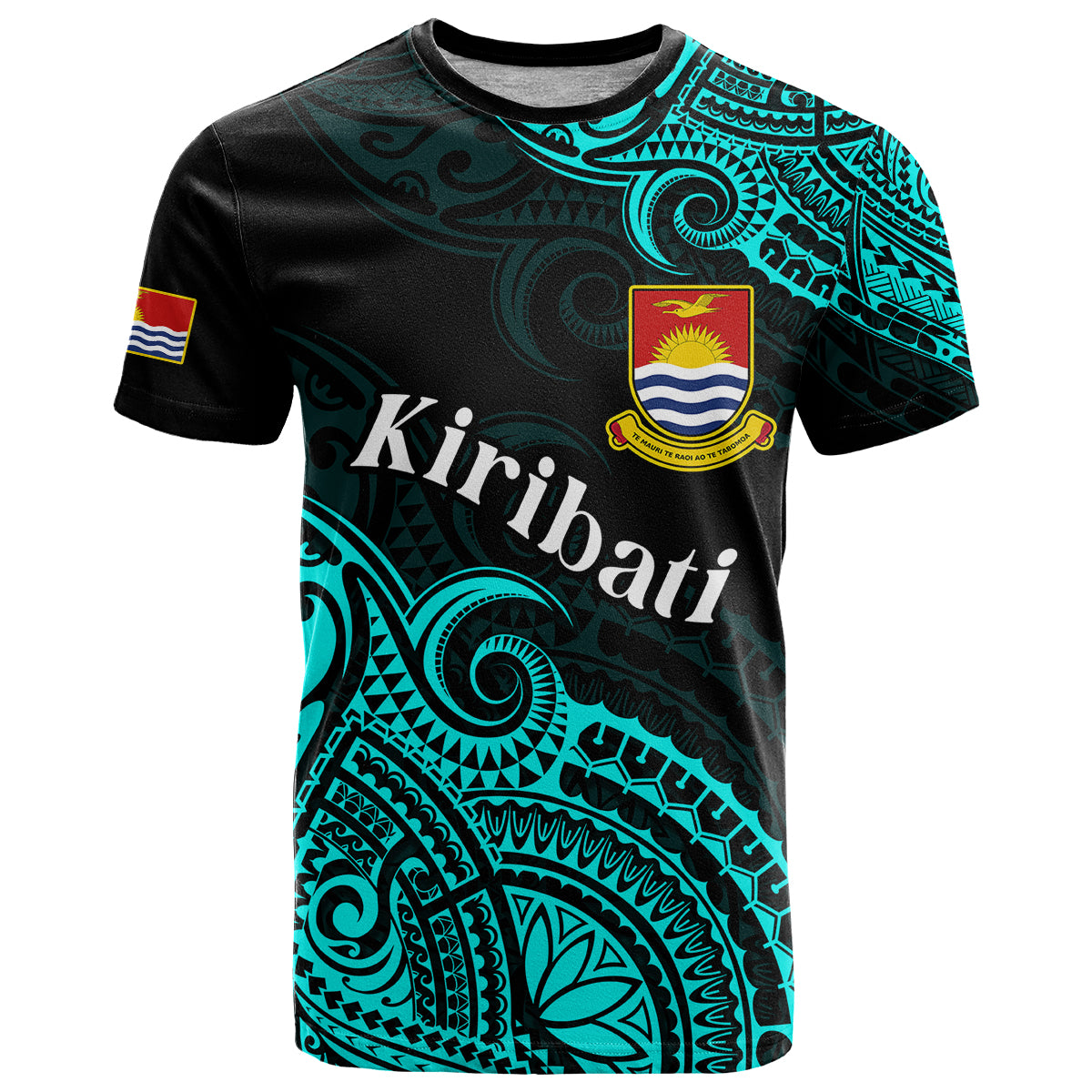Custom Ribaberiki Kiribati Coat of Arms Mix Cyan Polynesian T Shirt LT14 Cyan - Polynesian Pride