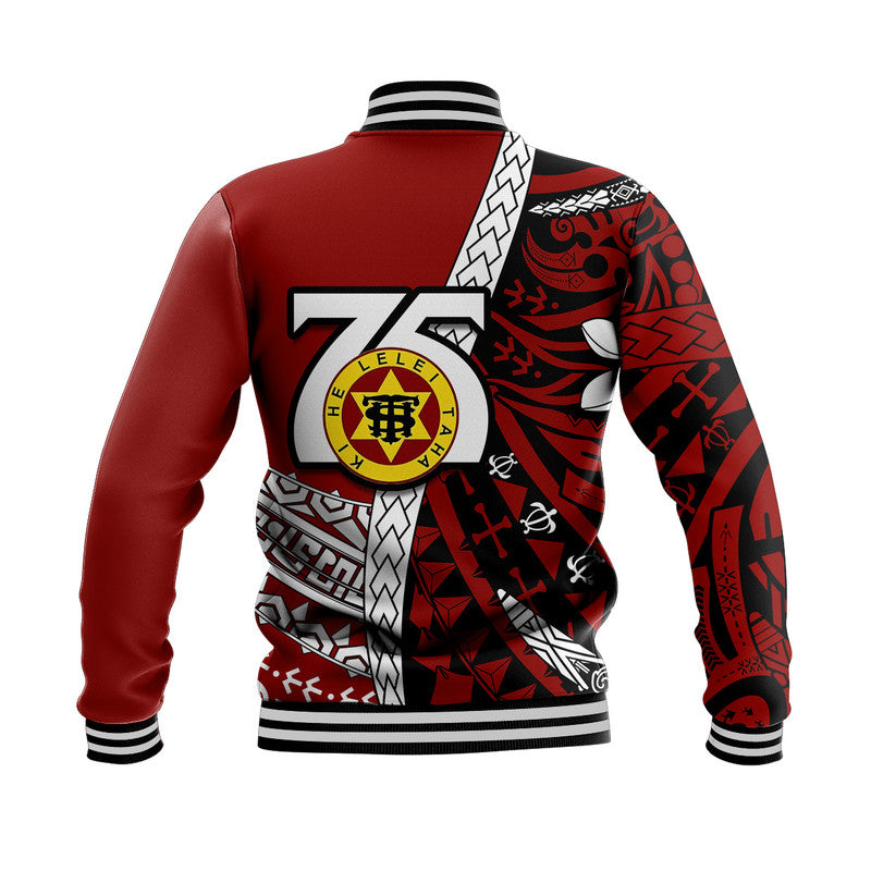 (Custom Personalised) Tonga High School 75th Anniversary Baseball Jacket Red Polynesian Minimalist Style LT9 - Polynesian Pride