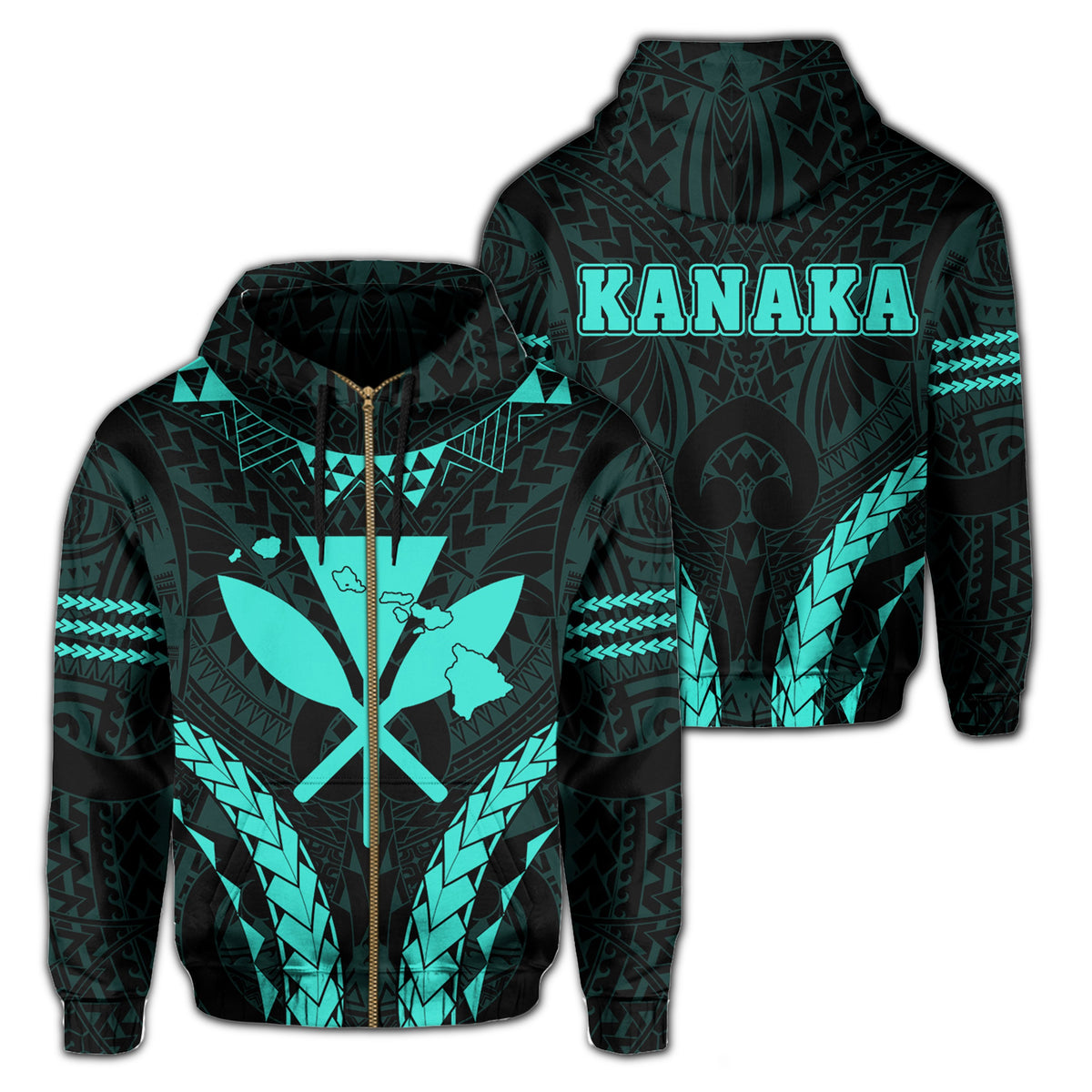 Polynesian Kakau Kanaka Map Hawaii Zip Hoodie Sport Style Version 2.0 Turquoise Unisex Blue - Polynesian Pride