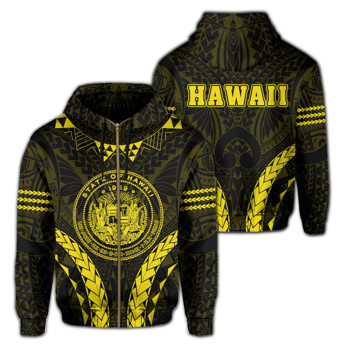 Polynesian Kakau Seal of Hawaii Zip Hoodie Sport Style Version 2.0 Yellow Unisex Yellow - Polynesian Pride