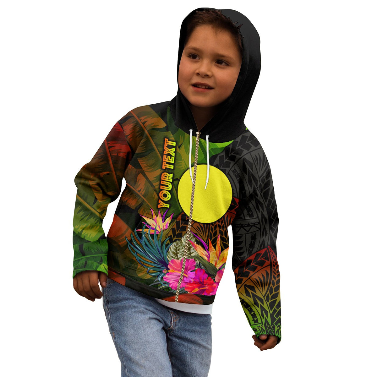 Palau Polynesian Custom Zip up Hoodie Hibiscus and Banana Leaves - Polynesian Pride