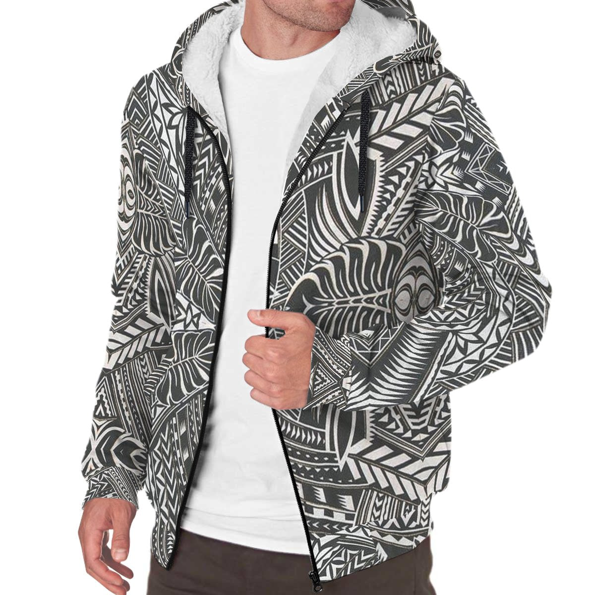 Black and White Palm Polynesian Sherpa Hoodie - Polynesian Pride