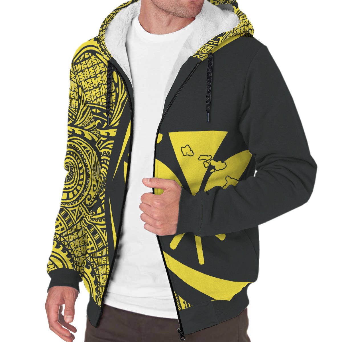 Kanaka Hawaii Map Yellow Polynesian Sherpa Hoodie - Circle Style AH - Polynesian Pride