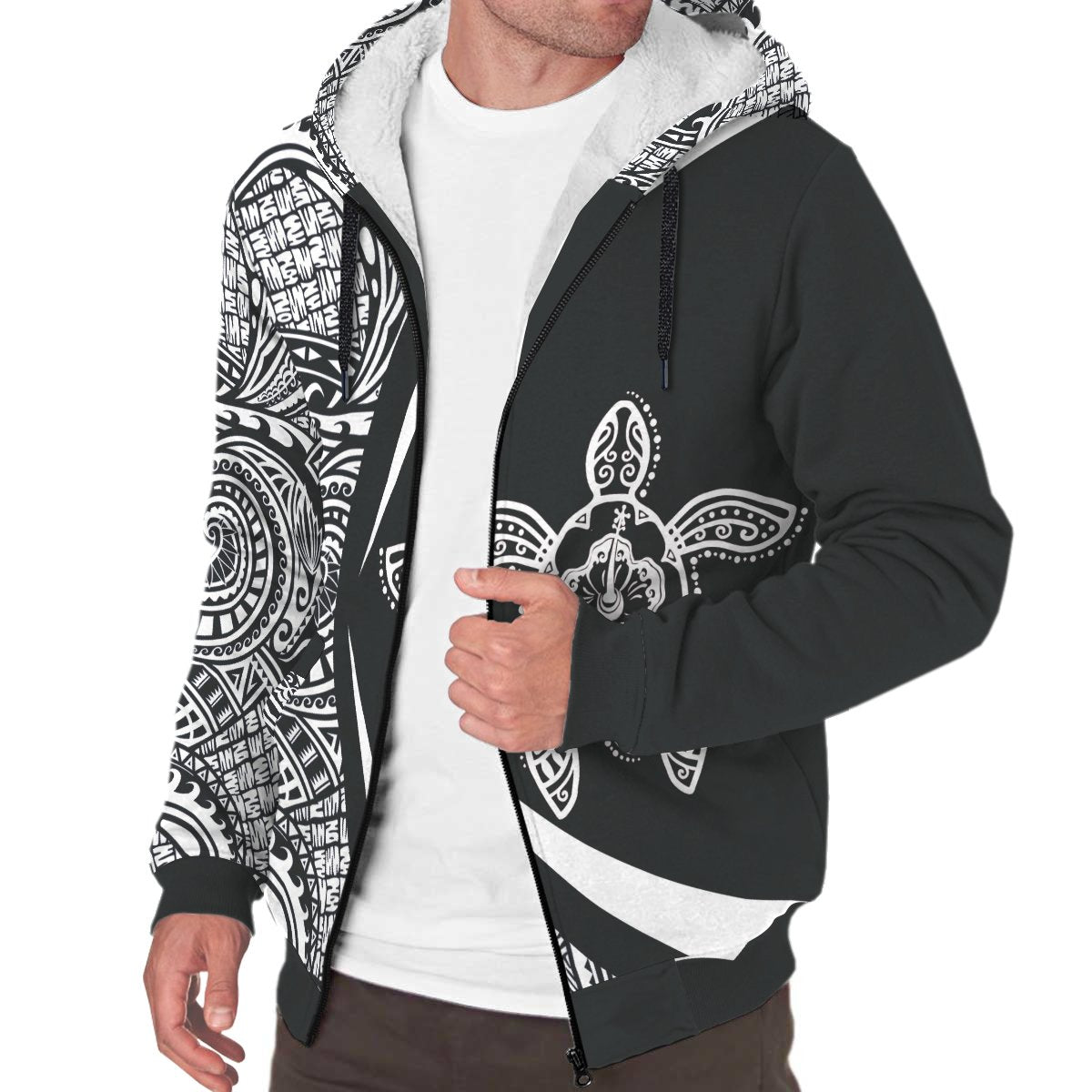 Hawaii Turtle White Polynesian Sherpa Hoodie - Circle Style - Polynesian Pride