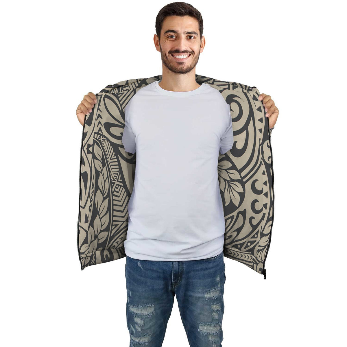 Beige Polynesian Inside Print Zip Hoodie - Polynesian Pride