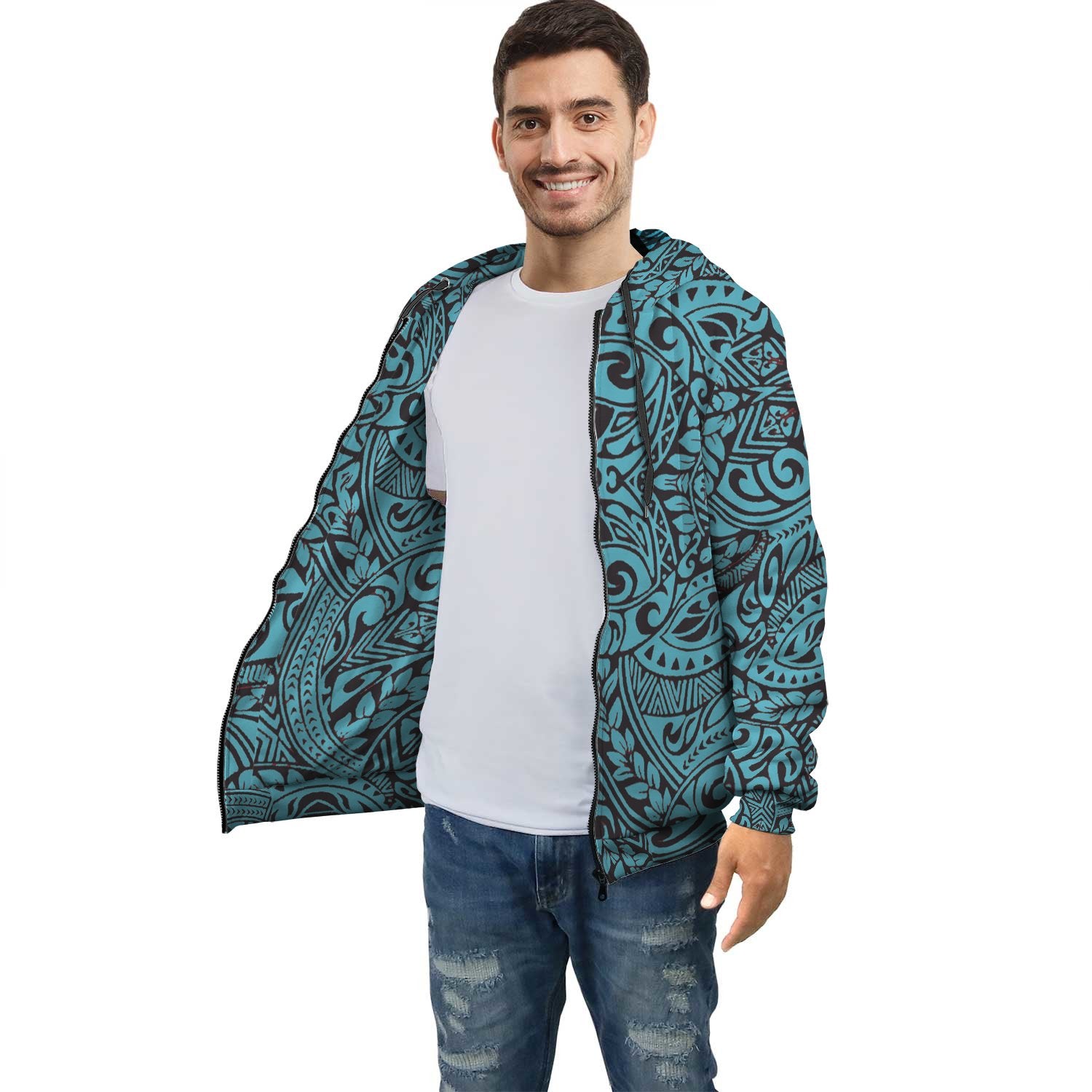 Turquoise Polynesian Inside Print Zip Hoodie Unisex Turquoise - Polynesian Pride