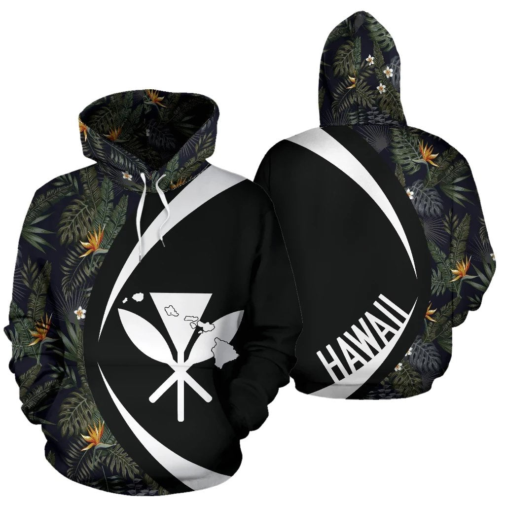 Kanaka Tropical Leaves and Flowers In The Night Hoodie Circle Style Unisex Black - Polynesian Pride