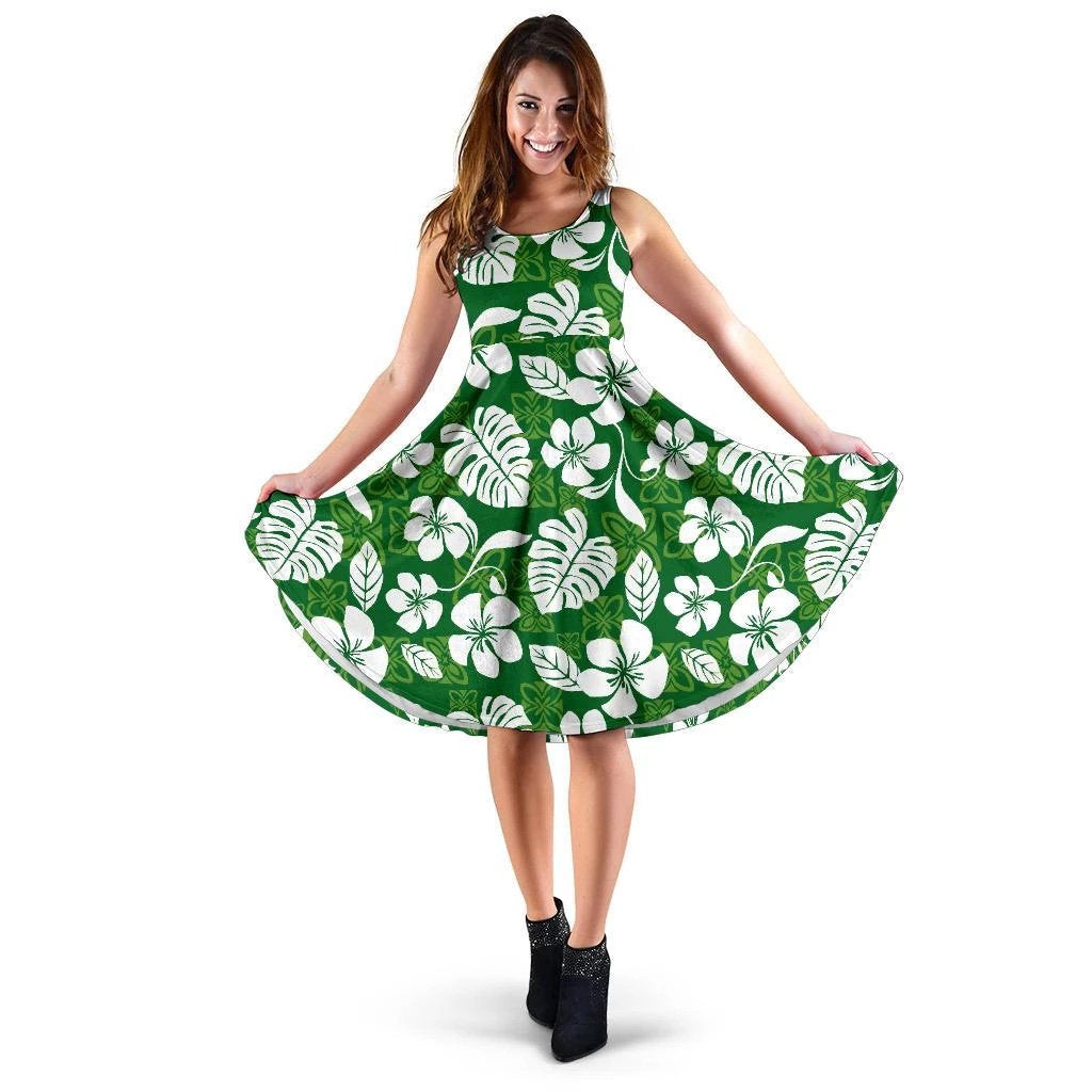 Hawaii Hibiscus Midi Dress Midi Dress Green - Polynesian Pride