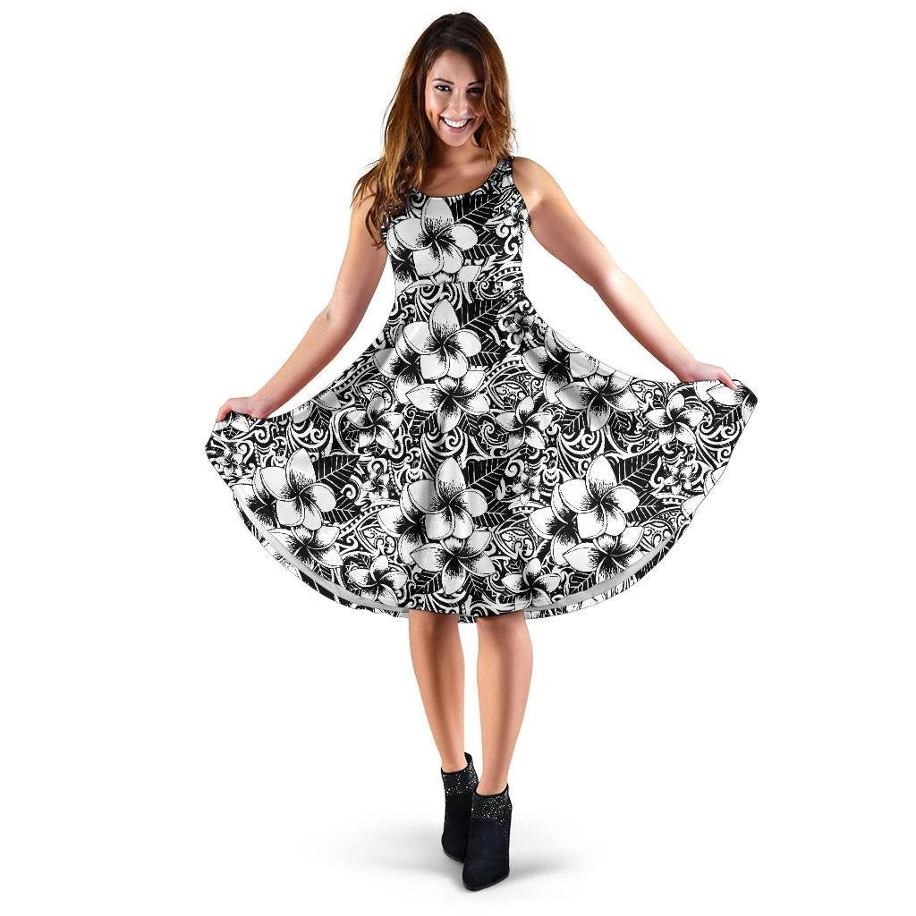 Hawaii Plumeria Polynesian White Midi Dress - AH Midi Dress Black & White - Polynesian Pride