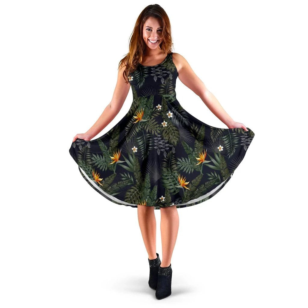 Hawaii Tropical Leaves And Flowers In The Night Style Midi Dress Midi Dress Green - Polynesian Pride