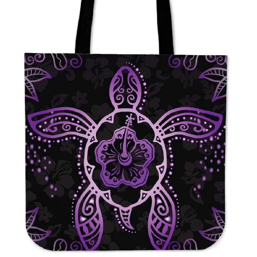 Turtle Hibiscus Violet Tote Bag Tote Bag One Size Black - Polynesian Pride