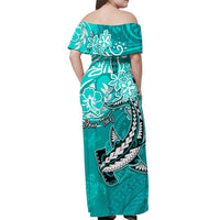 Custom Polynesian Matching Hawaiian Outfits For Couples Tribal Hammerhead Shark with Pacific Island Flowers Turquoise LT13 - Polynesian Pride