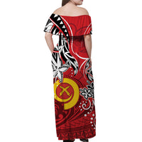 Vanuatu Color Off Shoulder Long Dress Pig Tusk Version Red LT13 - Polynesian Pride
