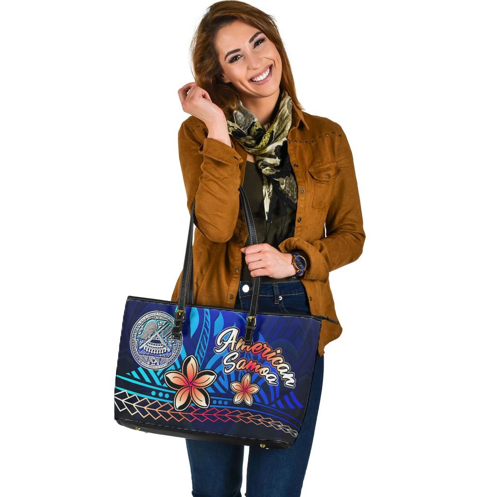 American Samoa Large Leather Tote Bag - Vintage Tribal Mountain - Polynesian Pride