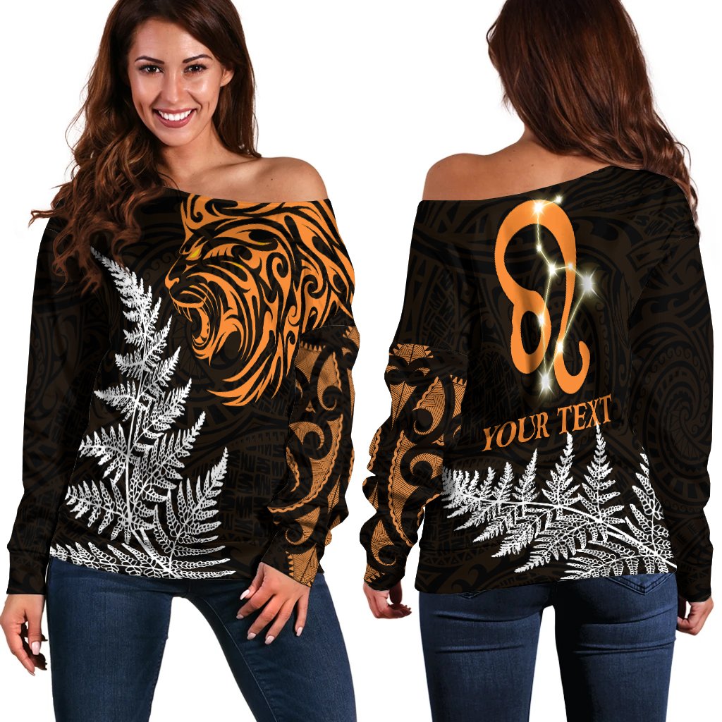 (Custom Personalised) Leo Zodiac Style Maori Off Shoulder Sweater Orange Lion LT13 Black - Polynesian Pride
