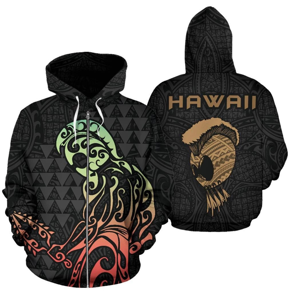 Hawaii Helmet Kakau Kanaka Warrior Hoodie (Zip) Unisex Black - Polynesian Pride
