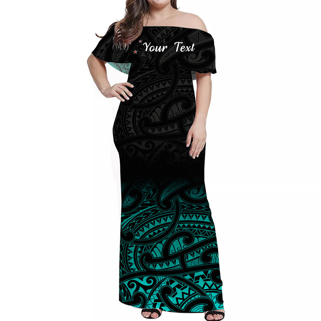 (Custom Personalised) New Zealand Off Shoulder Long Dress Maori Pattern Turquoise LT13 Women Turquoise - Polynesian Pride