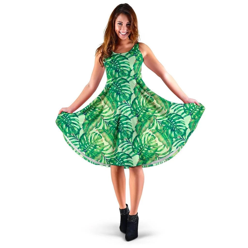 Hawaii Tropical Leaves Jungle Monstera Leaf Midi Dress Midi Dress Green - Polynesian Pride