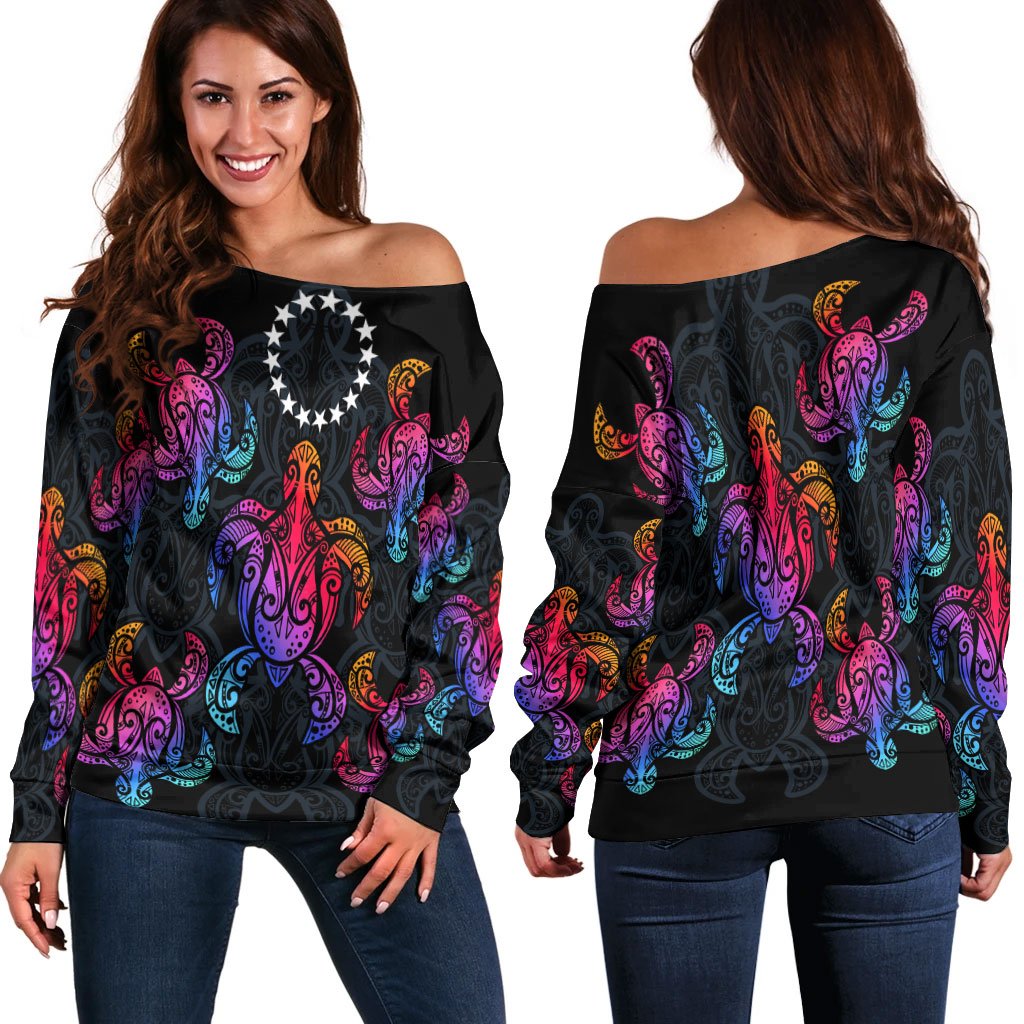 Cook Islands Women's Off Shoulder Sweaters - Sea Turtle In Tribal Polynesian Style Black - Polynesian Pride