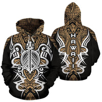 Hawaii Turtle Tribal Golden Hoodie Armor Style Unisex Black - Polynesian Pride