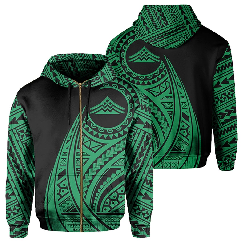 Hawaii Mauna Kea Polynesian Zip up Hoodie Tatoo Style Green Unisex Green - Polynesian Pride